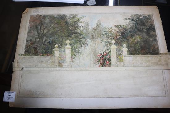 In the manner of Humphry Repton - scale watercolour - Garden and garden wall